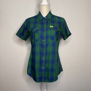 Dixxon Tahoe Plaid Green Blue Bamboo Blend Snap Pocket Shirt Size M